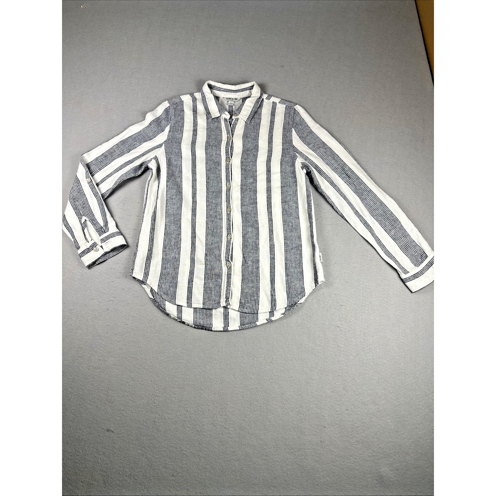 Orvis‎ Button-Up Shirt Womens Size S White Blue Striped Linen Blend Long Sleeve